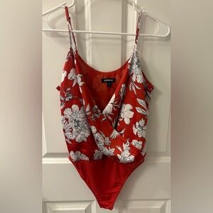 Express Red Floral Wrap Bodysuit